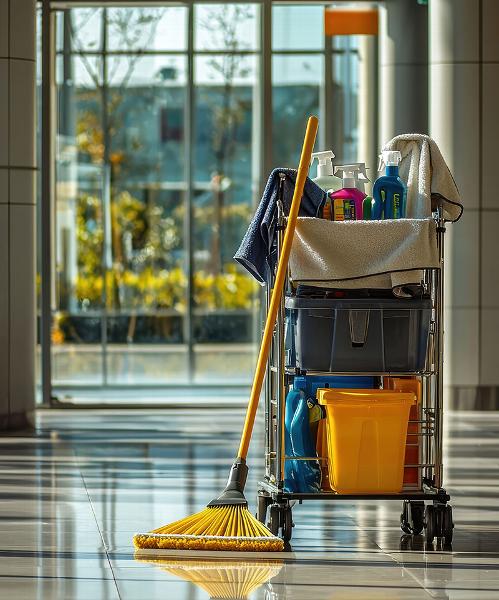 cleaning cart in building hallway